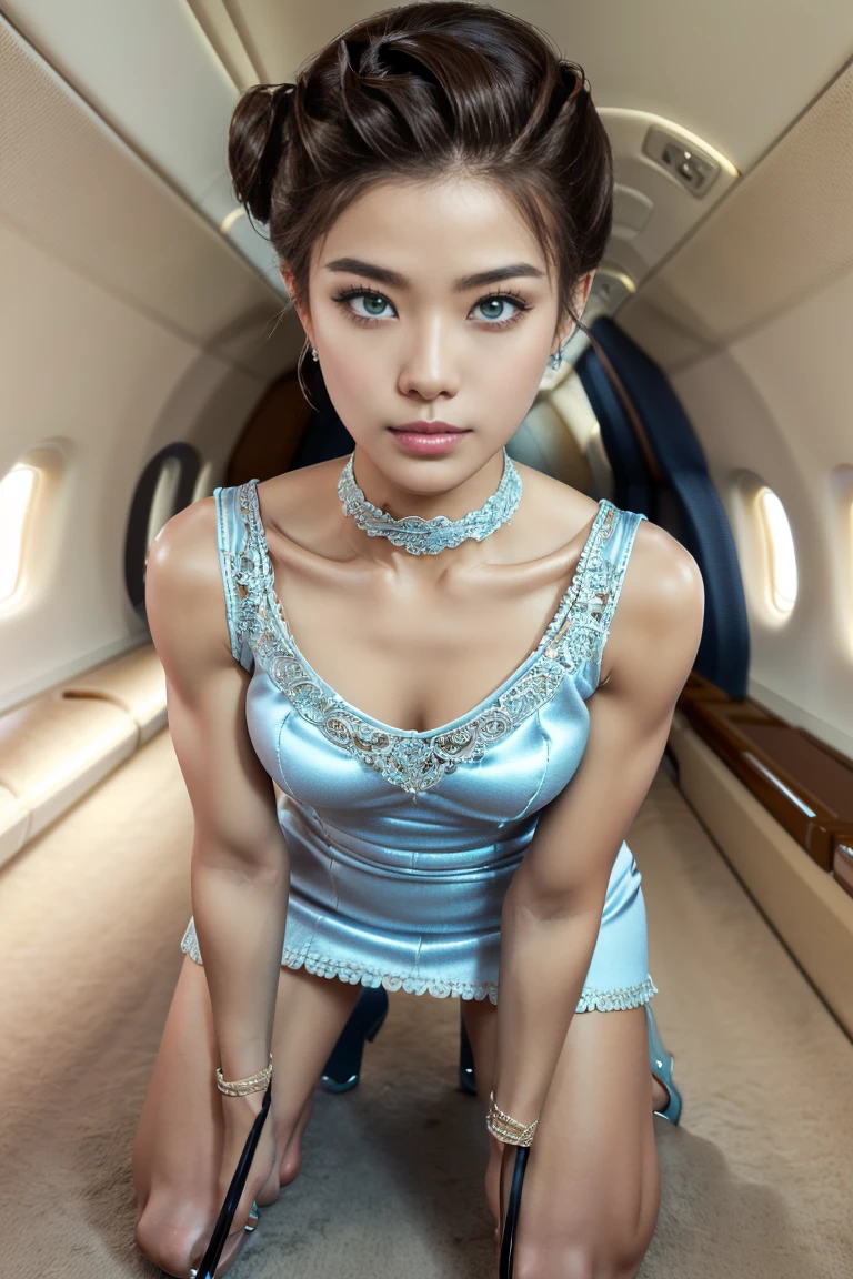 (ultra-detailed, best quality, 4k, highres, top quality, masterpiece:1.3), f/2.8, 50mm, Leica, stunning flight attendant, beautiful Korean woman, 2, short and slender, (updo hairstyle, hair sticks:1.5), detailed eyes, detailed face, detailed lips, captivating, provocative, wearing (short ruched dress:1.5), (light blue:1.5), cute choker, cleavage, (opentoeNYX, high heels:1.5), radiant smile, (inside sleek private jet:1.5), (kneeling:1.4), POV, camera from above, sophisticated, professional appearance, elegance, ((intricate detail:1.5)), skin pore texture, photo, cinematic, full body, (realistic, photo-realistic:1.33), natural light, depth of field, film grain, sharp, detailed and realistic woman, ruffled lips soft natural light, detailed hands, detailed fingers, portrait photography, photorealism, super detailed, intimate portrait composition, dimly lit, rim lighting, (very slim, lean and muscular body:1.3), perfect fit body, perfect proportions, perfect anatomy, anatomically correct.