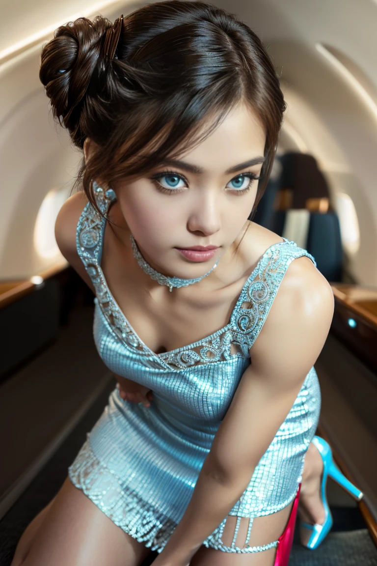 (ultra-detailed, best quality, 4k, highres, top quality, masterpiece:1.3), f/2.8, 50mm, Leica, stunning flight attendant, beautiful Korean woman, 25 years old, short and slender, (updo hairstyle, hair sticks:1.5), detailed eyes, detailed face, detailed lips, captivating, provocative, wearing (short ruched dress:1.5), (light blue:1.5), cute choker, cleavage, (opentoeNYX, high heels:1.5), radiant smile, (inside sleek private jet:1.5), (kneeling:1.4), POV, camera from above, sophisticated, professional appearance, elegance, ((intricate detail:1.5)), skin pore texture, photo, cinematic, full body, (realistic, photo-realistic:1.33), natural light, depth of field, film grain, sharp, detailed and realistic woman, ruffled lips soft natural light, detailed hands, detailed fingers, portrait photography, photorealism, super detailed, intimate portrait composition, dimly lit, rim lighting, (very slim, lean and muscular body:1.3), perfect fit body, perfect proportions, perfect anatomy, anatomically correct.