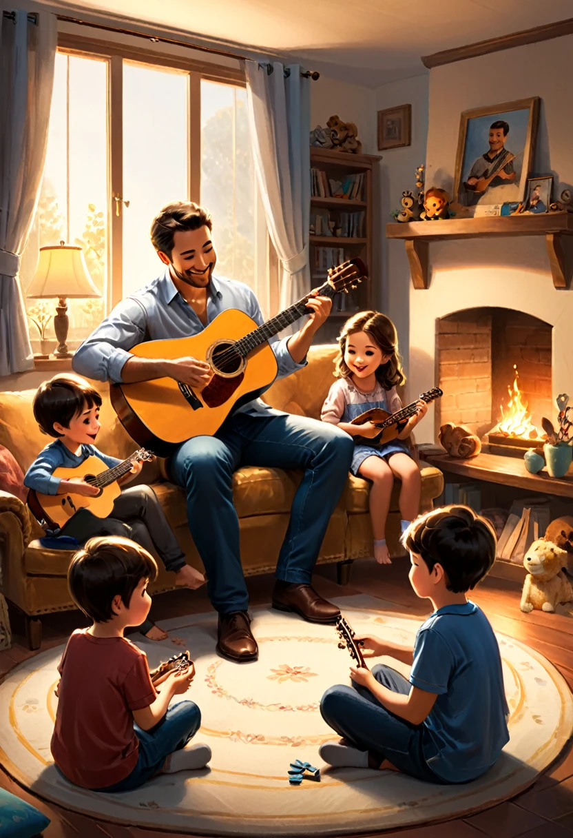 In a warm home, a father plays guitar while the children sit in a circle, listening to their father playing their favorite bedtime story song. This moment is full of family and happiness, (masterpiece, best quality, Professional, perfect composition, very aesthetic, absurdres, ultra-detailed, intricate details:1.3)