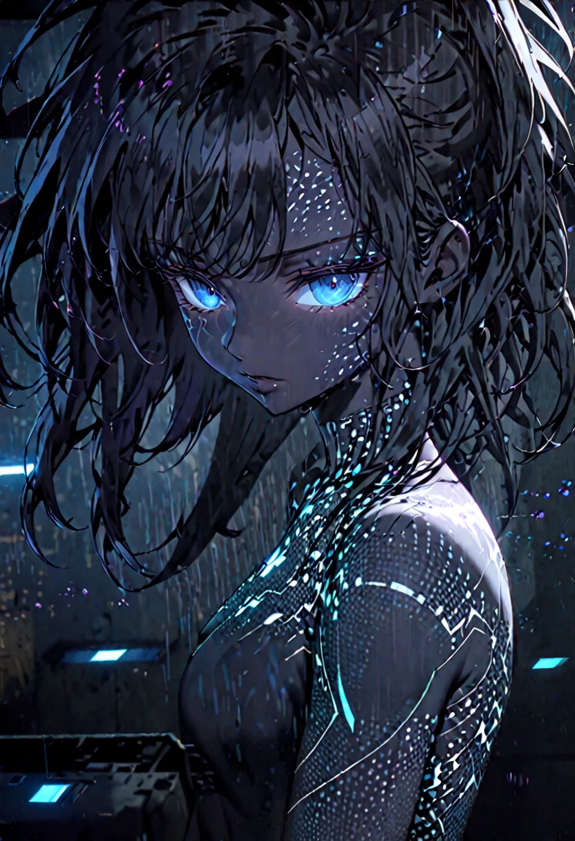solo, female, holographic woman, holographic projection, floating, futuristic, bored, ((dark blue static effect on skin)), dark black skin, static skin, long hair, black hair, floating hair, fading hair, sfw, basement, blue static, close up, nude