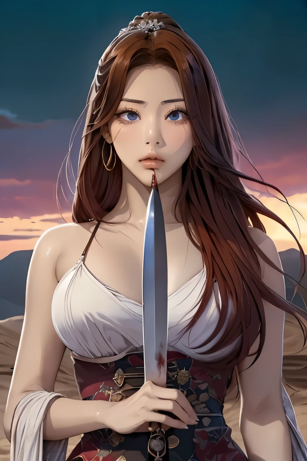 female assassin, ชุดsexy, ((Go back in time)), holding a short sword, Korean Girls, Bangs and long straight hair, ((Another world)), Show off your chest, Show your waist, ((ธีมdesert village)), ((desert set)), desert village, ((Still face)), ((sexy)),((holding a hiking knife)), Quirky dress, ภาพclose-up, ((Mixed colored hair)), There are moles under the eyes., Cream-colored Arav outfit, hair accessories, Nose piercing, ((nose ring)), close-up, ((desert background)), ((dark sky)), ((Bloody.))