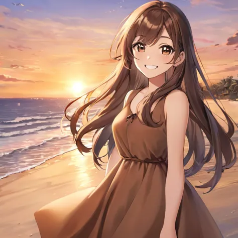 girl, long hair, brown dress, beach, sunset, smile