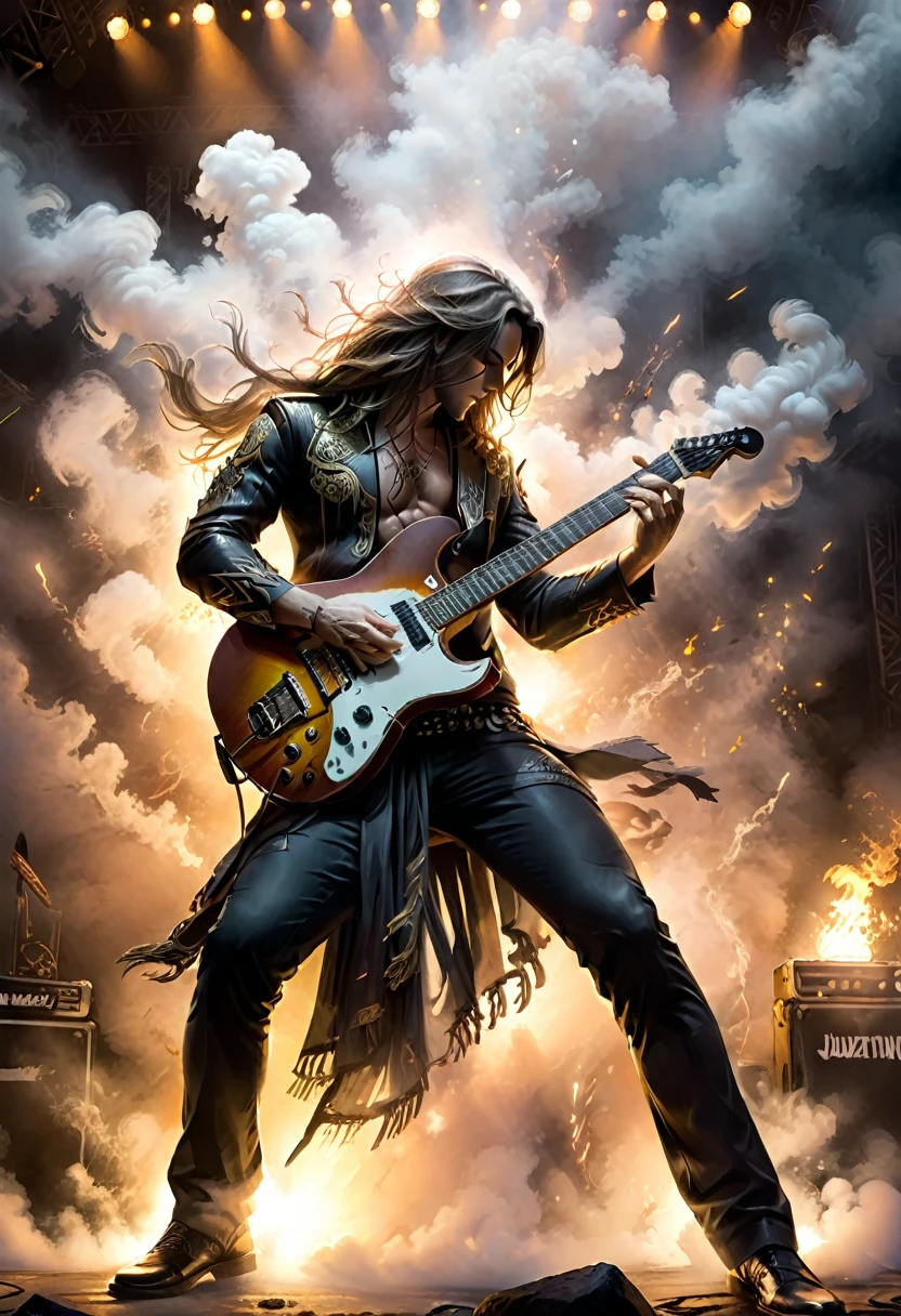 realism, a powerful guitarist playing on a stage filled with smoke. His long hair sways to the rhythm of the music, and his hands glide over the strings of the electric guitar, as if he is a music warrior fighting against the world. The background is the stage of a rock music festival, (masterpiece, best quality, Professional, perfect composition, very aesthetic, absurdres, ultra-detailed, intricate details:1.3)