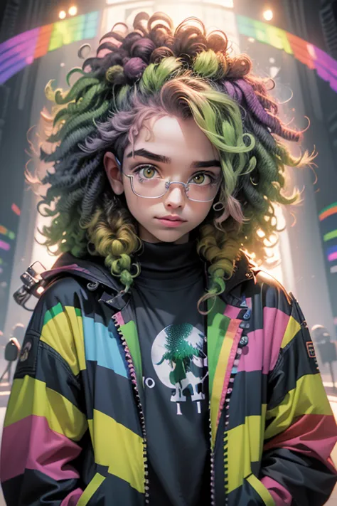 with rainbow curly hair, oculos de sol, rainbow style jacket, fundo fresco do quarto, arvore sacura no inverno (foco nitido) (de...