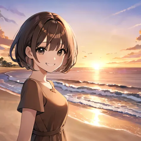 girl, short hair, brown dress, black eyes, beach, sunset, smile