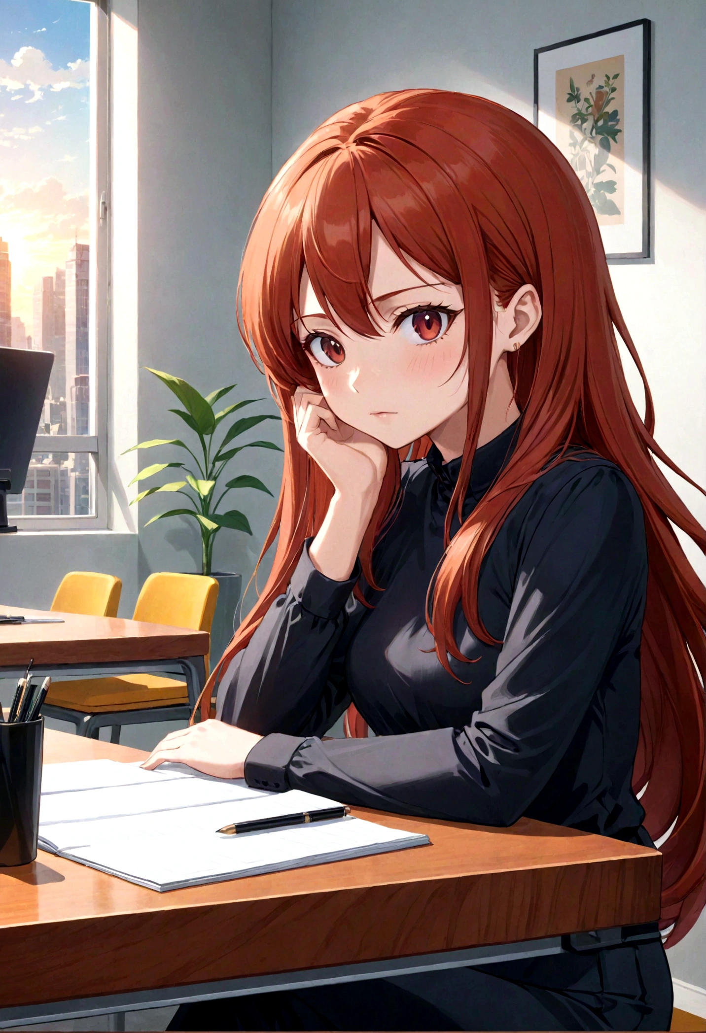 hermosa profesora pelirroja sentada en su escritorio, apariencia petulante, mirando al espectador, tiempo contemporáneo, estilo anime, 8k