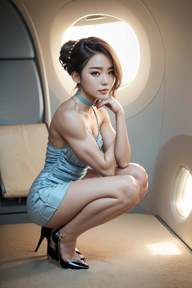 (ultra-detailed, best quality, 4k, highres, top quality, masterpiece:1.3), f/2.8, 50mm, Leica, stunning flight attendant, beautiful Korean woman, 25 years old, short and slender, (updo hairstyle, hair sticks:1.5), detailed eyes, detailed face, detailed lips, captivating, provocative, wearing (simple, sexy, tight, ruched dress:1.5), (light blue:1.5), cute choker, cleavage, (opentoeNYX, high heels:1.5), radiant smile, (inside sleek private jet:1.5), (squatting:1.4), (stripper pole:1.4), (full body shot:1.5), camera from below, sophisticated, professional appearance, elegance, ((intricate detail:1.5)), skin pore texture, photo, cinematic, full body, (realistic, photo-realistic:1.33), natural light, depth of field, film grain, sharp, detailed and realistic woman, ruffled lips soft natural light, detailed hands, detailed fingers, portrait photography, photorealism, super detailed, intimate portrait composition, dimly lit, rim lighting, (very slim, lean and muscular body:1.3), perfect fit body, perfect proportions, perfect anatomy, anatomically correct.