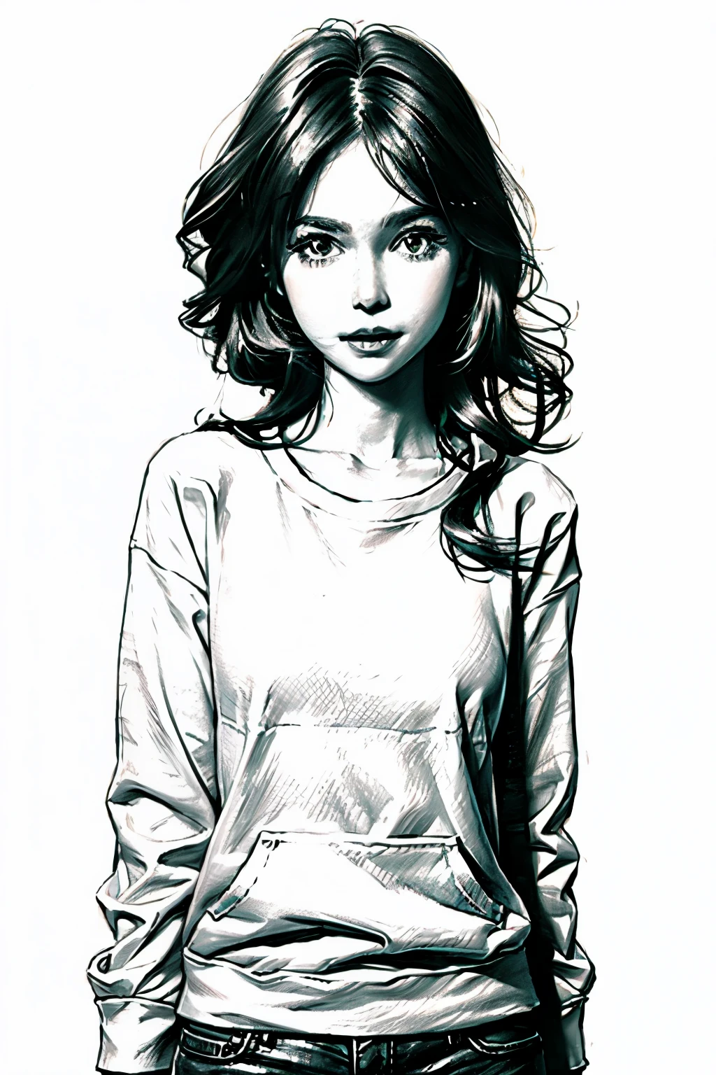 portrait,sketch,monochrome,Grayscale,((blush)),1 girl,((Cowboy shooting)),((close up)), ((Shut up)), Small lips，short hair,White sweatshirt, Moderate Room,1 Girl, Solitary, The lens is shot from bottom to top，Fisheye lens，Smile，Squint，Tyndall effect, bust, White long-sleeved sweatshirt, Long hair, Medium chest, brown hair, long hair, Very charming eyes, Viewer,permanent,Upper Body, ((Simple background)),White background,