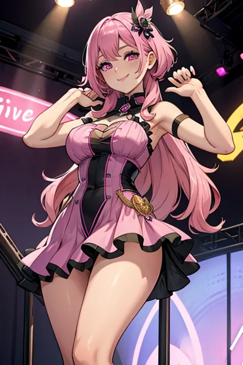 A pink haired woman with violet eyes and an hourglass figure in sexy pink dress is smiling on a stage
