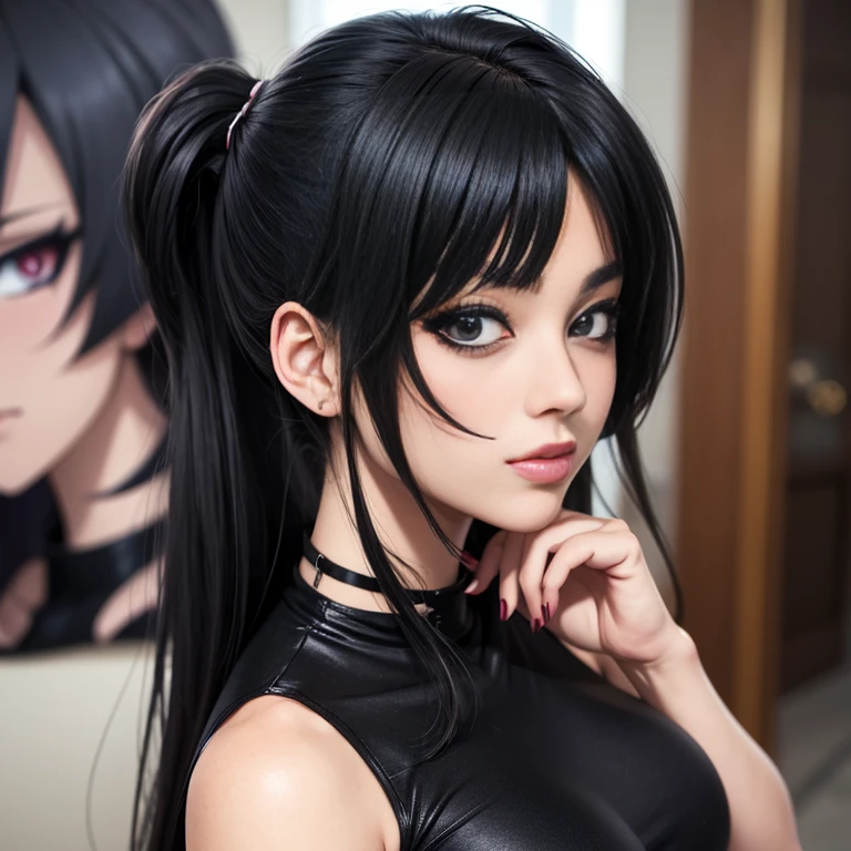 anime girl with black hair and black eyes in a black dress, in an anime style, in anime style, anime moe artstyle, anime style character, an anime girl, 1  anime goth girl, anime girl wearing a black dress, anime style portrait, anime styled, cel - shaded art style, sultry smirk, anime girl