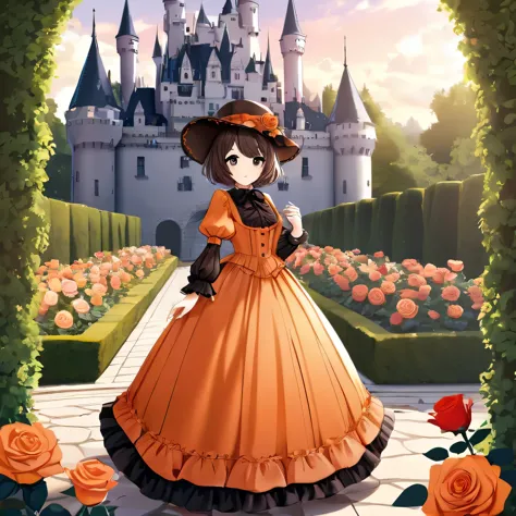 girl, dark brown short hair, orange maxi lolita dress with hat, black eyes, castle,rose garden, fantasy,