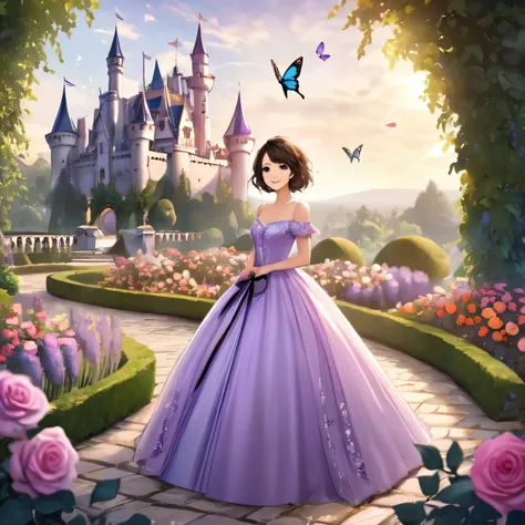 girl, dark brown short hair, lavender gown, with ribbon and flower, black eyes, castle,rose garden, fantasy, smile, butterfly