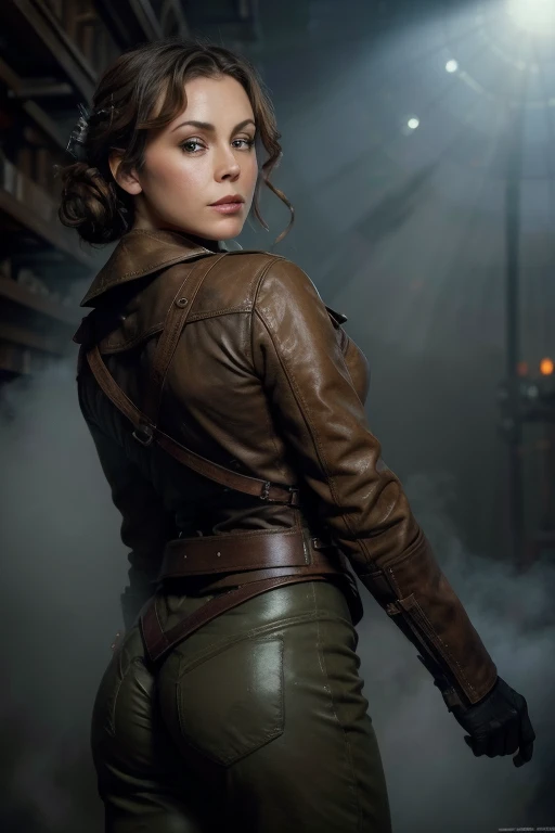 Alyssa Milano, dieselpunk,   (atmospheric volumetric fog:1.1), (masterpiece:1.4) (illustration:1.2) (best quality:1.4) (8k) (HDR) (wallpaper) (cinematic lighting) (sharp focus) (intricate)