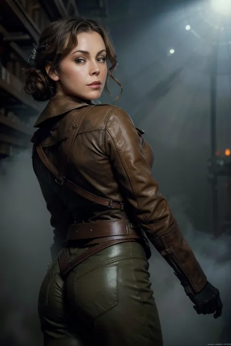 alyssa milano, dieselpunk,   (atmospheric volumetric fog:1.1), (masterpiece:1.4) (illustration:1.2) (best quality:1.4) (8k) (hdr...