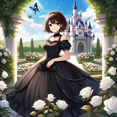 girl, dark brown short hair, black gown, with ribbon and flower, black eyes, castle, white rose garden, fantasy, smile, butterfl...