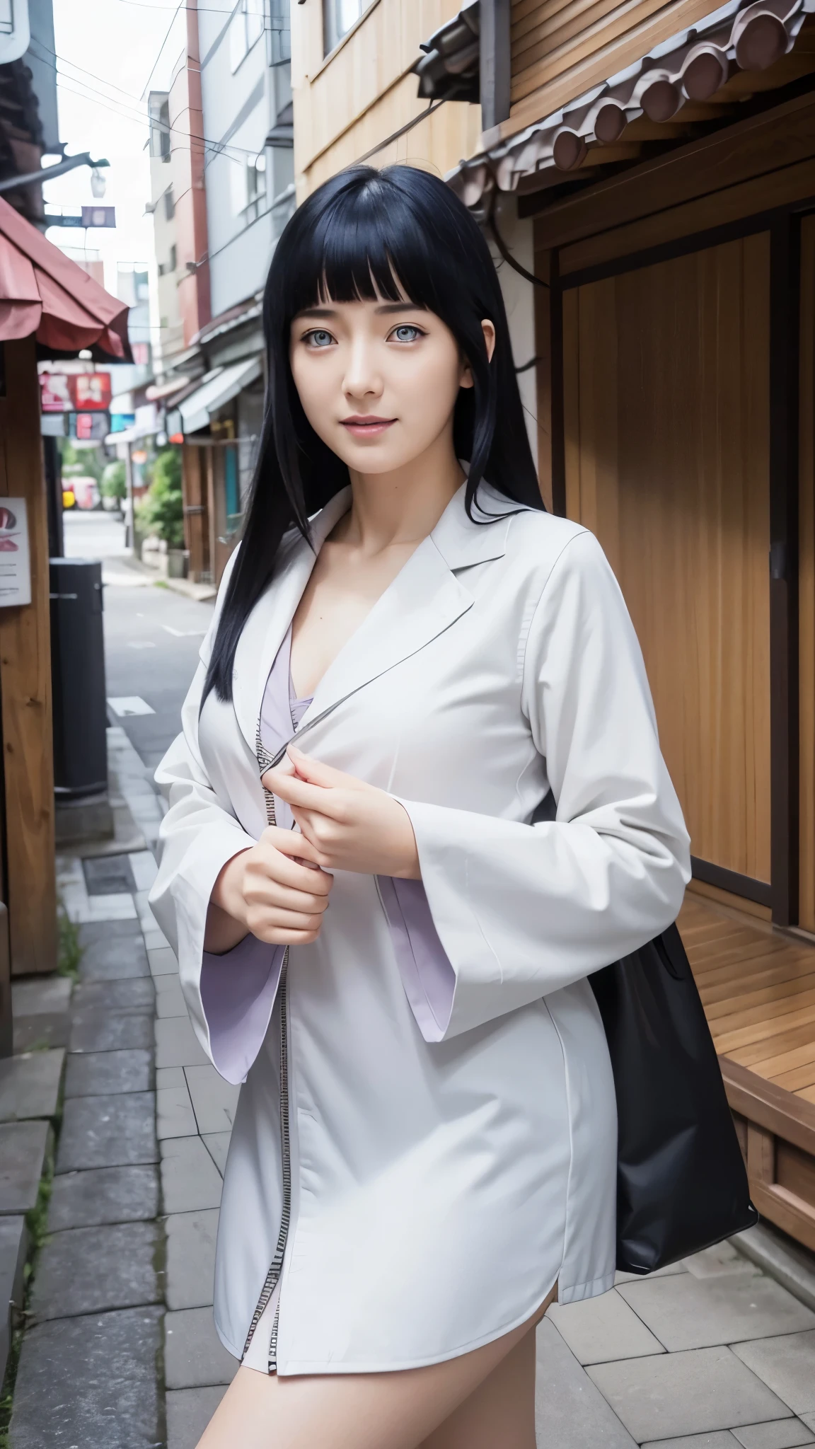 La imagen muestra a una mujer con casi la mitad de su cuerpo., estilo selfie frente a una cámara DSLR, Alta resolución, calidad de foto clara, HD con llamativos ojos azules.. Su piel es blanca, y pelo negro largo y liso. Este personaje es Hinata Hyuga., in the anime Naruto Shipunden. Transform her into a Realista character, vistiendo un traje selebritis  . Cara hermosa y suave. divertido, original, Realista, ambientado en una calle residencial japonesa, muy real, very detallado body, cuerpo perfecto, expresión de sonrisa delgada, elegant face, detallado