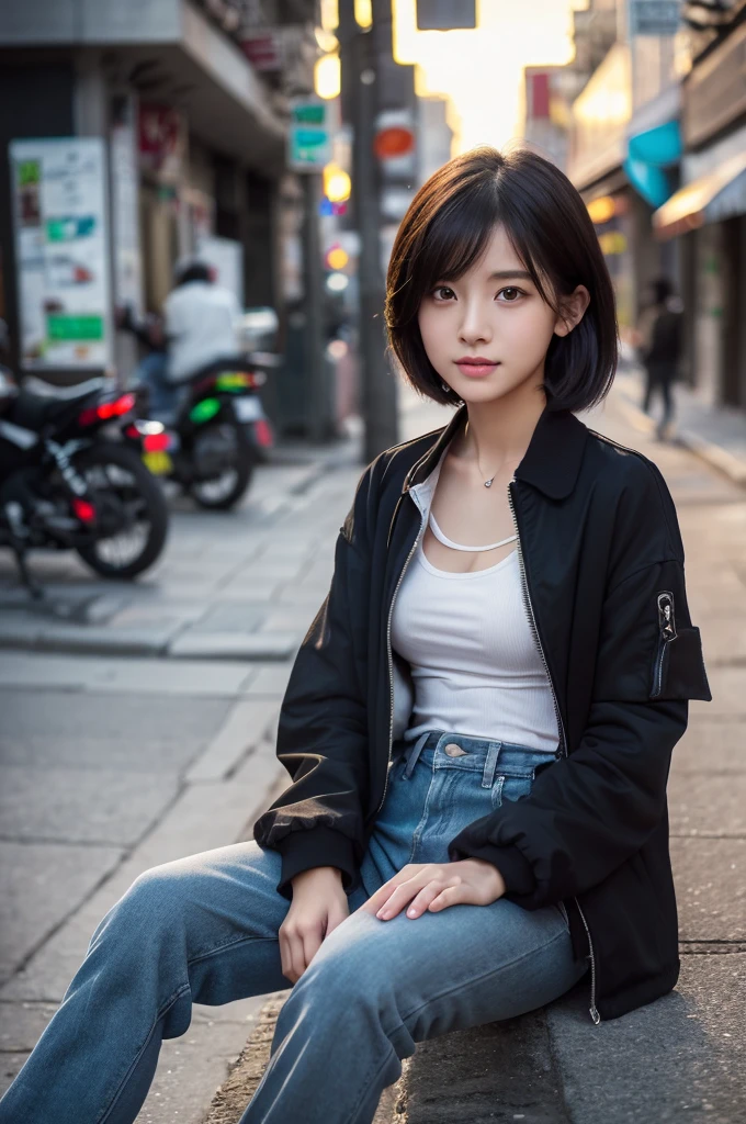 (high resolution、high quality、High resolution、detailed、8k、masterpiece）、超A high resolution、(Photorealistic:1.3)、RAW Photos、1 girl、A boyish girl with short hair and a bewitching charm、Black jacket、Bell-bottom pants、Sitting on the street、(A dim city at dawn)、((Amazingly cute))、wild、sexy、Healthy Body、２２age、((Ultra-Realistic Details))、Portrait、Global Illumination、Shadow、Octane Rendering、8k、Super sharp、Beautiful breasts、Beautiful Eyes、非常に複雑なdetailed、Realistic Light、CGSoation Trend、ネオンのdetailed、The light is gentle、wide shot、full body、It feels like you&#39;re really there、Dignified、Black Japanese rope、Hidden Past、Bright red lipstick