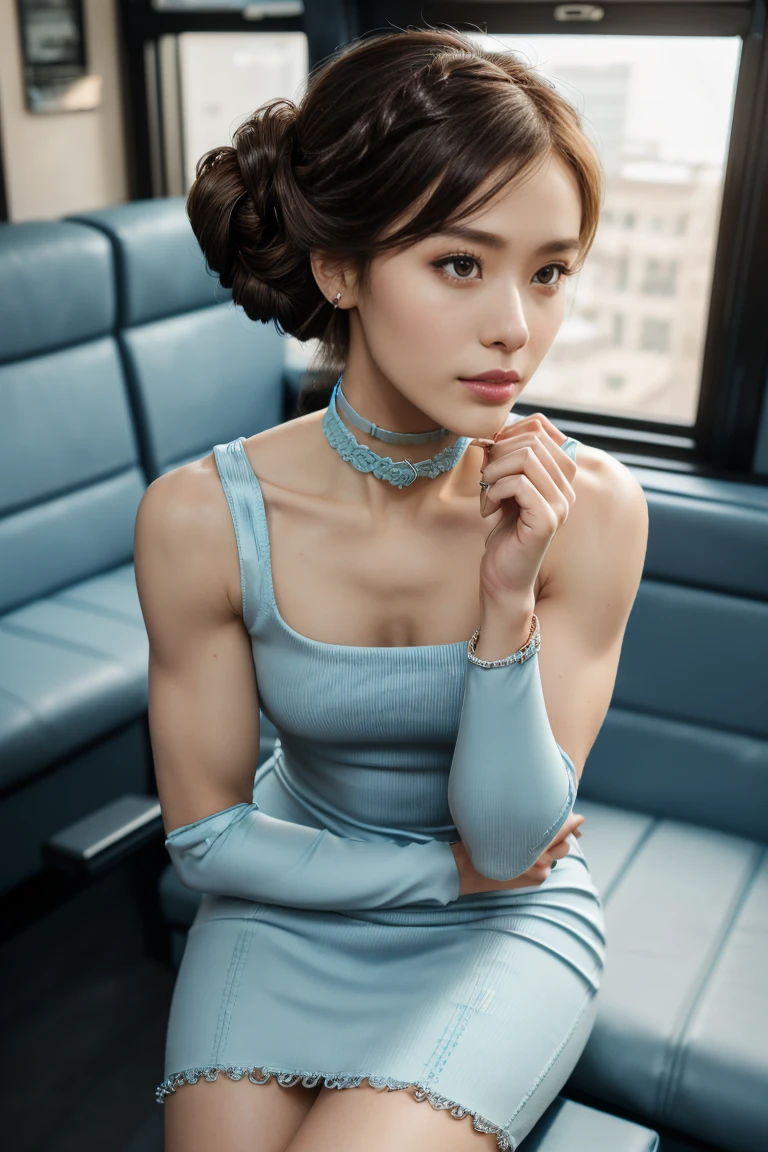 (ultra-detailed, best quality, 4k, highres, top quality, masterpiece:1.3), f/2.8, 50mm, Leica, 1girl, stunning flight attendant, beautiful Korean woman, 25 years old, short and slender, (updo hairstyle, hair sticks:1.5), detailed eyes, detailed face, detailed lips, captivating, provocative, wearing (tight dress, skintight dress:1.5), (light blue:1.5), (cute choker:1.5), cleavage, (opentoeNYX, high heels:1.5), radiant smile, (inside classy Gentleman's Club:1.5), (sitting:1.5), sophisticated, professional appearance, elegance, ((intricate detail:1.5)), skin pore texture, photo, cinematic, full body, (realistic, photo-realistic:1.33), natural light, depth of field, film grain, sharp, detailed and realistic woman, ruffled lips soft natural light, detailed hands, detailed fingers, portrait photography, photorealism, super detailed, intimate portrait composition, dimly lit, rim lighting, (very slim, lean and muscular body:1.3), perfect fit body, perfect proportions, perfect anatomy, anatomically correct.