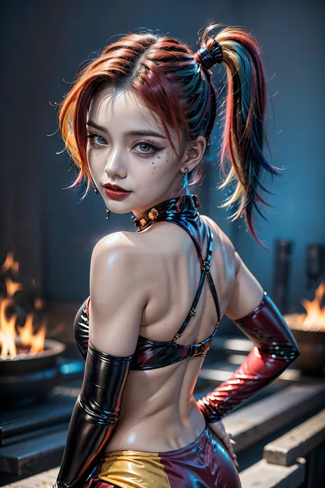 Photorealistic Realism 8K, 16K: A breathtakingly lifelike portrait of Harley Quinn, her vivid hair cascading down her back, cont...