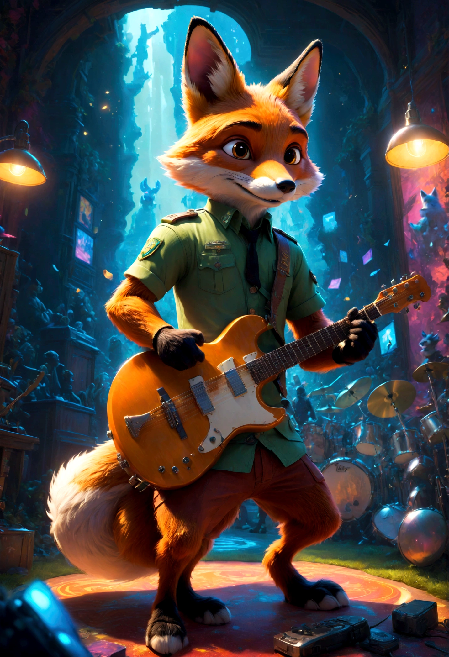 a fox Guitarist, "Zootopia", dramatic composition, cinematic dynamic action scene, vibrant colors, cinematic lighting, dramatic lighting, best quality, masterpiece, very aesthetic, perfect composition, intricate details, ultra-detailed