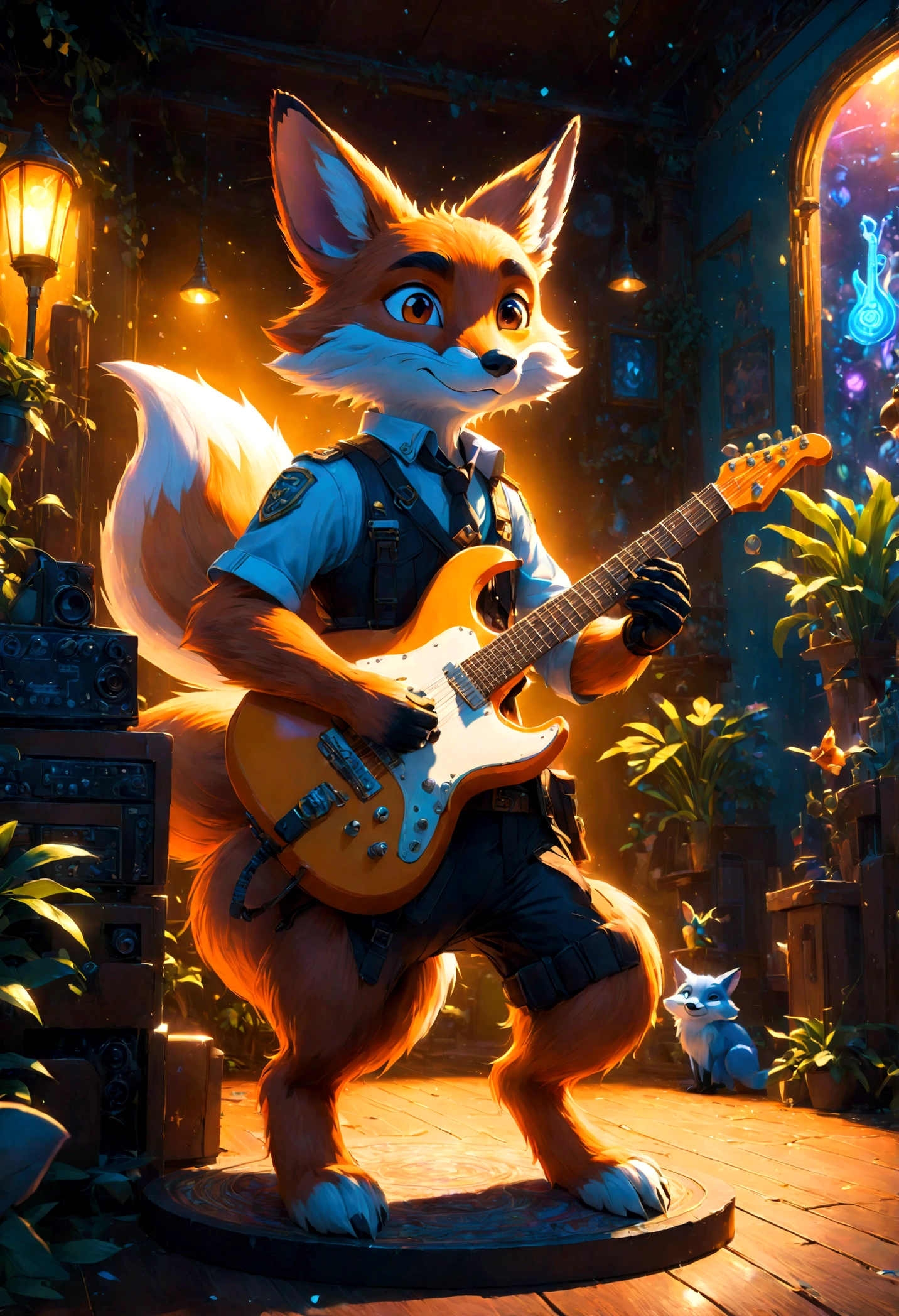 a fox Guitarist, "Zootopia", dramatic composition, cinematic dynamic action scene, vibrant colors, cinematic lighting, dramatic lighting, best quality, masterpiece, very aesthetic, perfect composition, intricate details, ultra-detailed