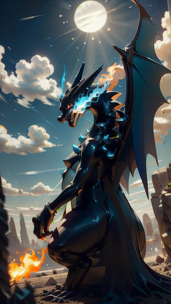 ((masterpiece,best quality)), absurdres, Charizard, no humans,  10s, claws, cloud, creatures (company), black skin, blue fire, flame-tipped tail,  game freak, gen 1 pokemon, mega charizard x, mega pokemon, nintendo, pokemon (creature), pokemon xy, red eyes, sky, solo, sun,