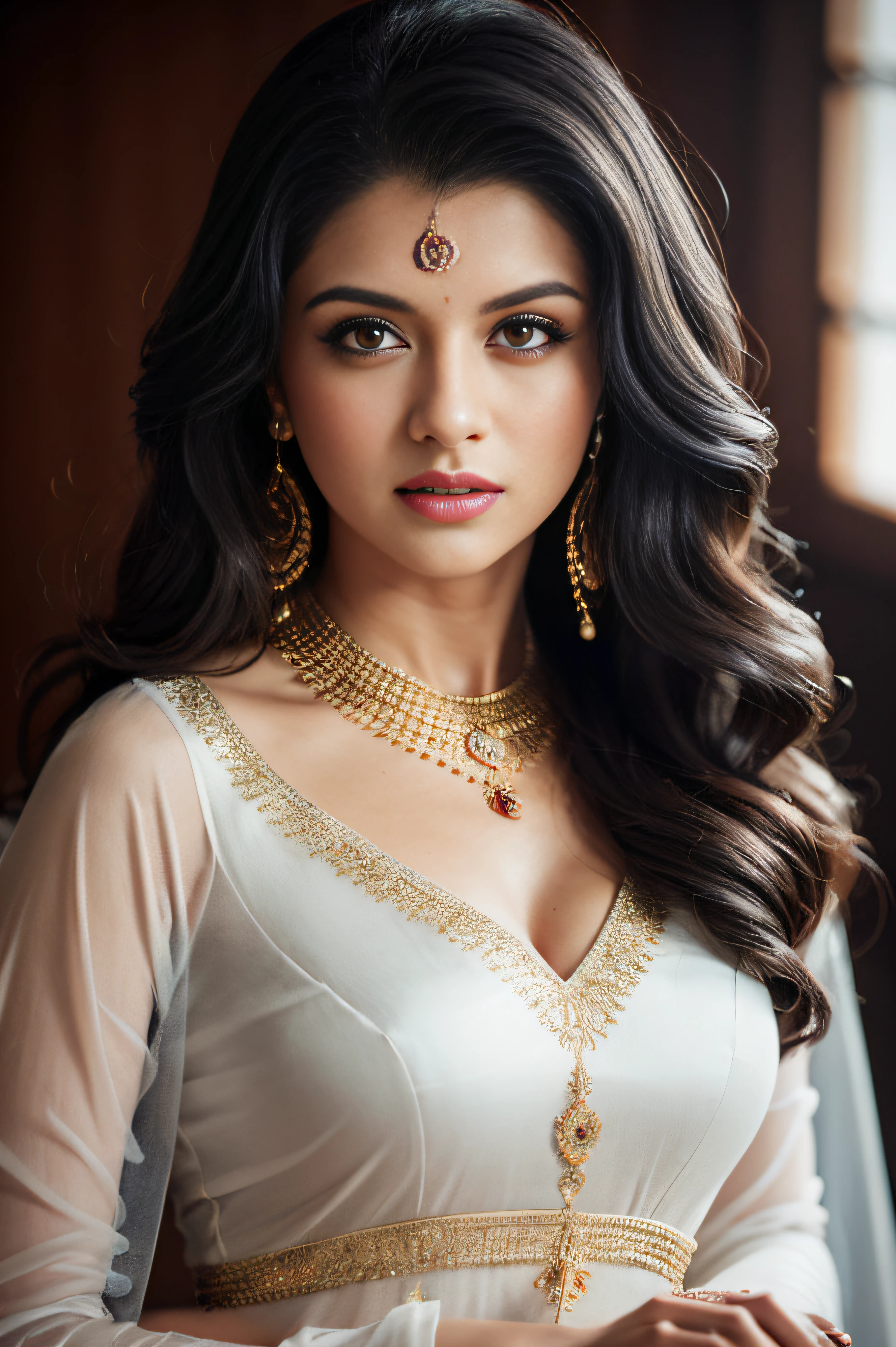 Portrait of A confident-looking indian woman, royal princess with long flowing hair, hazel eyes, wearing saaree, sitting in saloon, back ground big saloon, twilight time, camp fire framing, bokeh, perfect composition, hyperrealistic, super detailed, 8k, high quality, trending art, trending on artstation, sharp focus, photo , intricate details, highly detailed, art by greg rutkowski