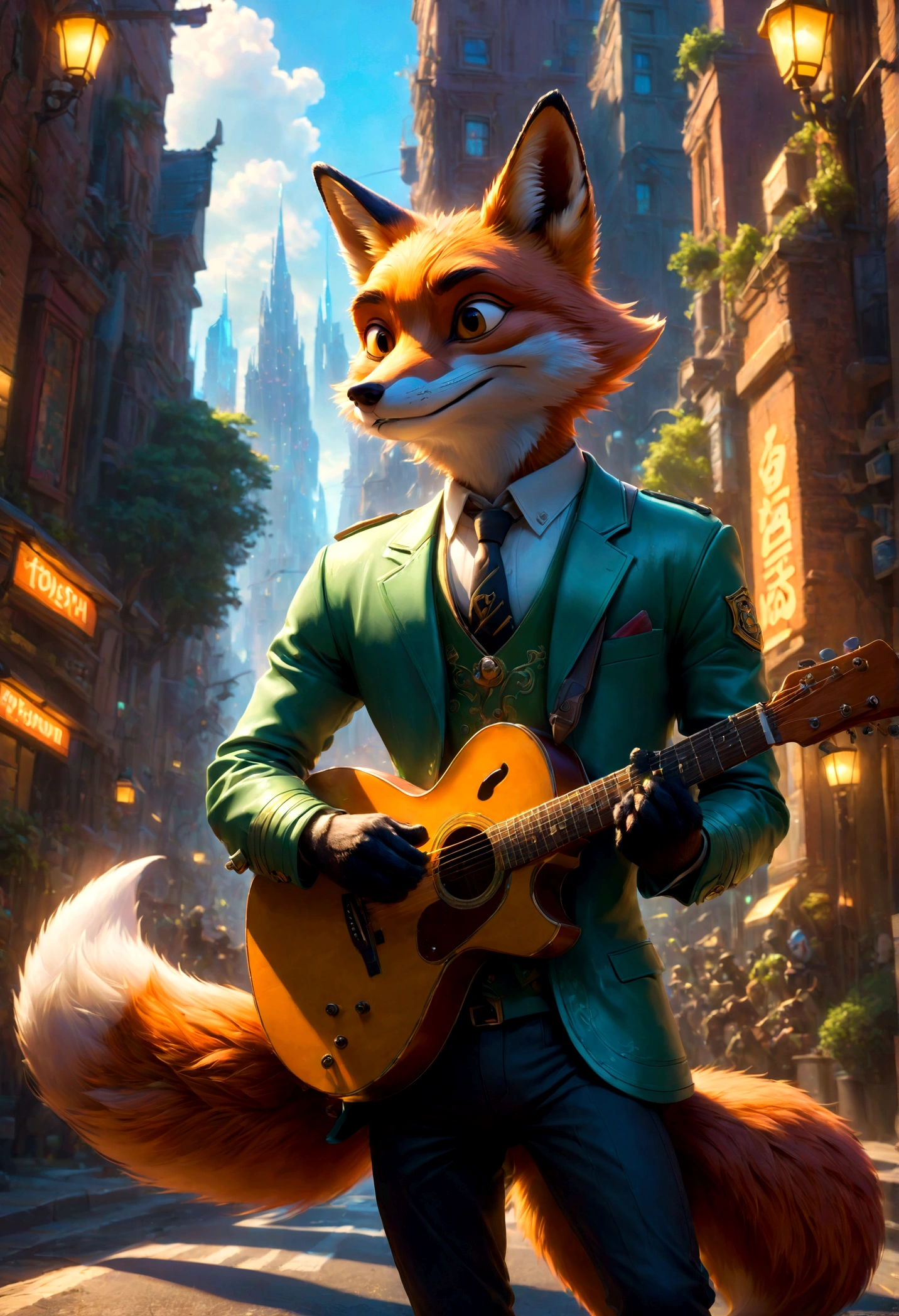 a fox Guitarist, "Zootopia", dramatic composition, cinematic dynamic action scene, vibrant colors, cinematic lighting, dramatic lighting, best quality, masterpiece, very aesthetic, perfect composition, intricate details, ultra-detailed