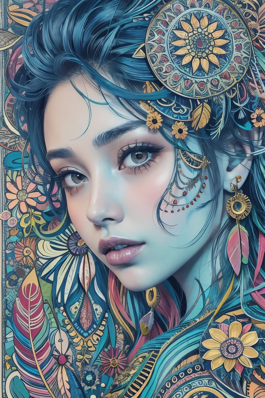 A painting of a woman with blue hair and a flower crown - SeaArt AI