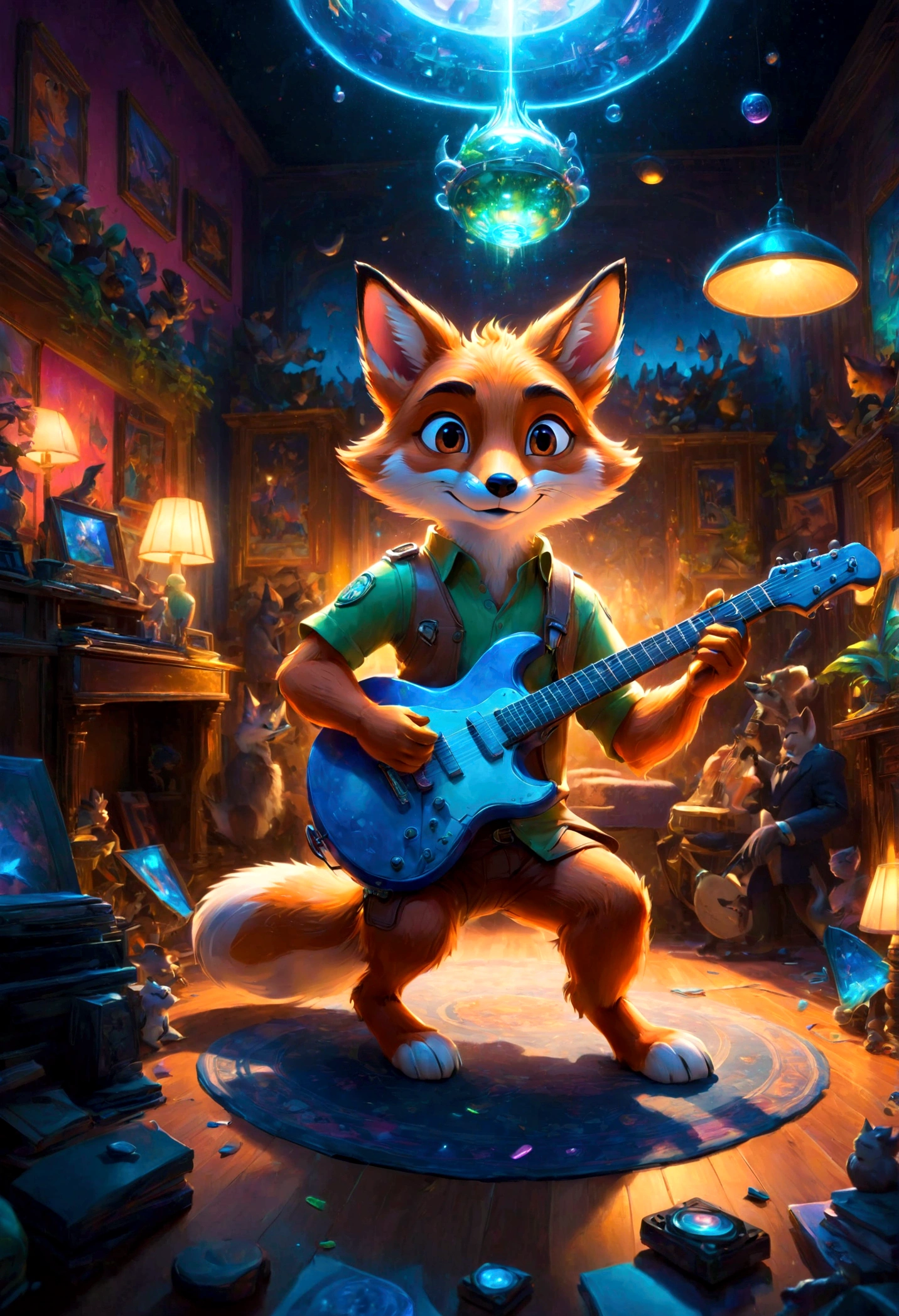 a fox Guitarist, "Zootopia", dramatic composition, cinematic dynamic action scene, vibrant colors, cinematic lighting, dramatic lighting, best quality, masterpiece, very aesthetic, perfect composition, intricate details, ultra-detailed