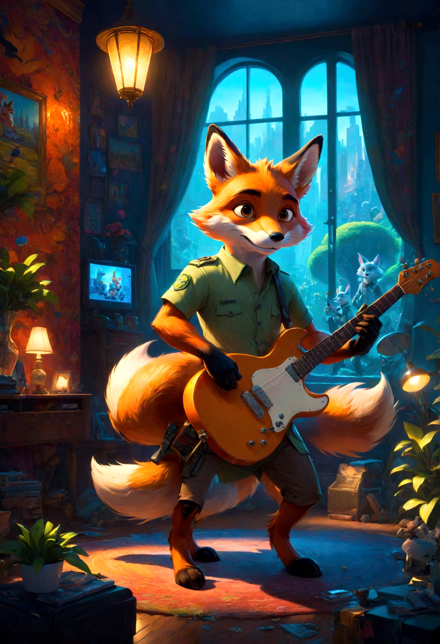 a fox Guitarist, "Zootopia", dramatic composition, cinematic dynamic action scene, vibrant colors, cinematic lighting, dramatic lighting, best quality, masterpiece, very aesthetic, perfect composition, intricate details, ultra-detailed