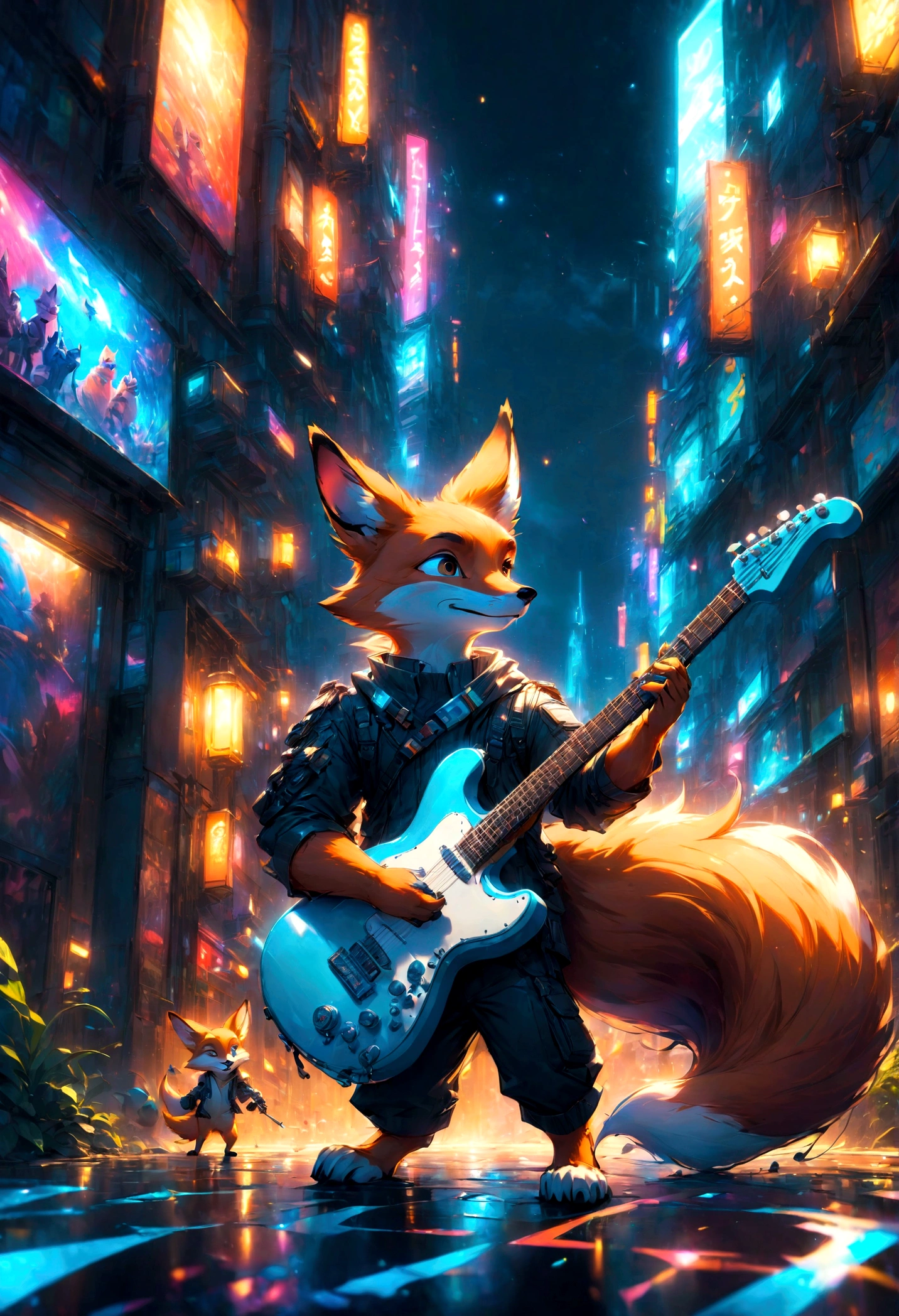 a fox Guitarist, "Zootopia", dramatic composition, cinematic dynamic action scene, vibrant colors, cinematic lighting, dramatic lighting, best quality, masterpiece, very aesthetic, perfect composition, intricate details, ultra-detailed