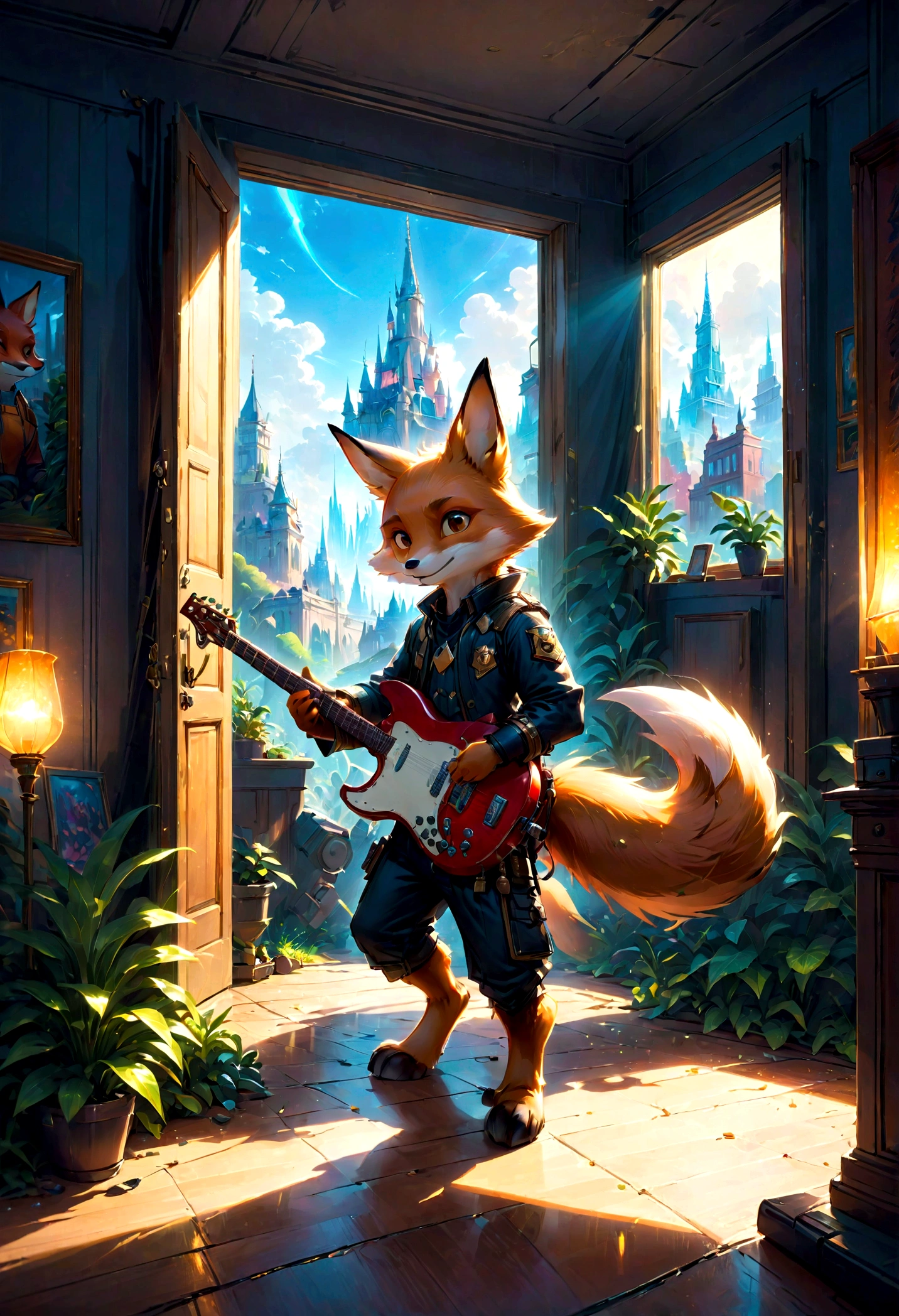 a fox Guitarist, "Zootopia", dramatic composition, cinematic dynamic action scene, vibrant colors, cinematic lighting, dramatic lighting, best quality, masterpiece, very aesthetic, perfect composition, intricate details, ultra-detailed