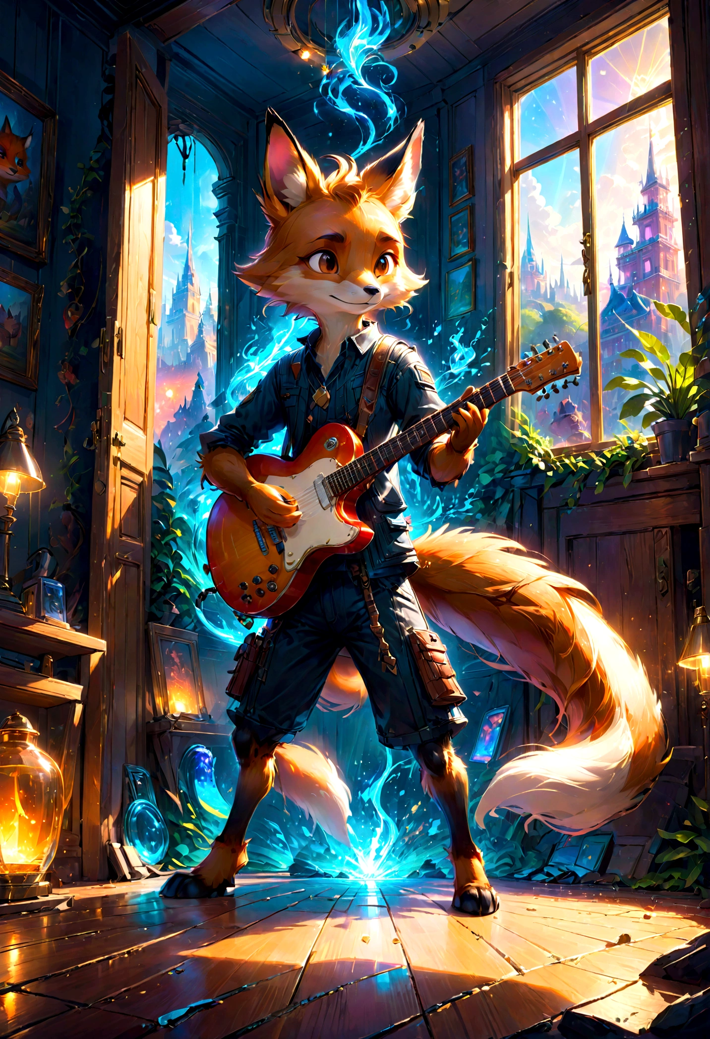 a fox Guitarist, "Zootopia", dramatic composition, cinematic dynamic action scene, vibrant colors, cinematic lighting, dramatic lighting, best quality, masterpiece, very aesthetic, perfect composition, intricate details, ultra-detailed