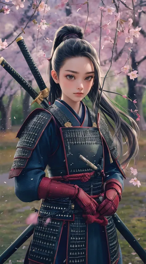 A photorealistic anime-styled illustration of a young female samurai standing amidst a serene cherry blossom forest. Her long, f...