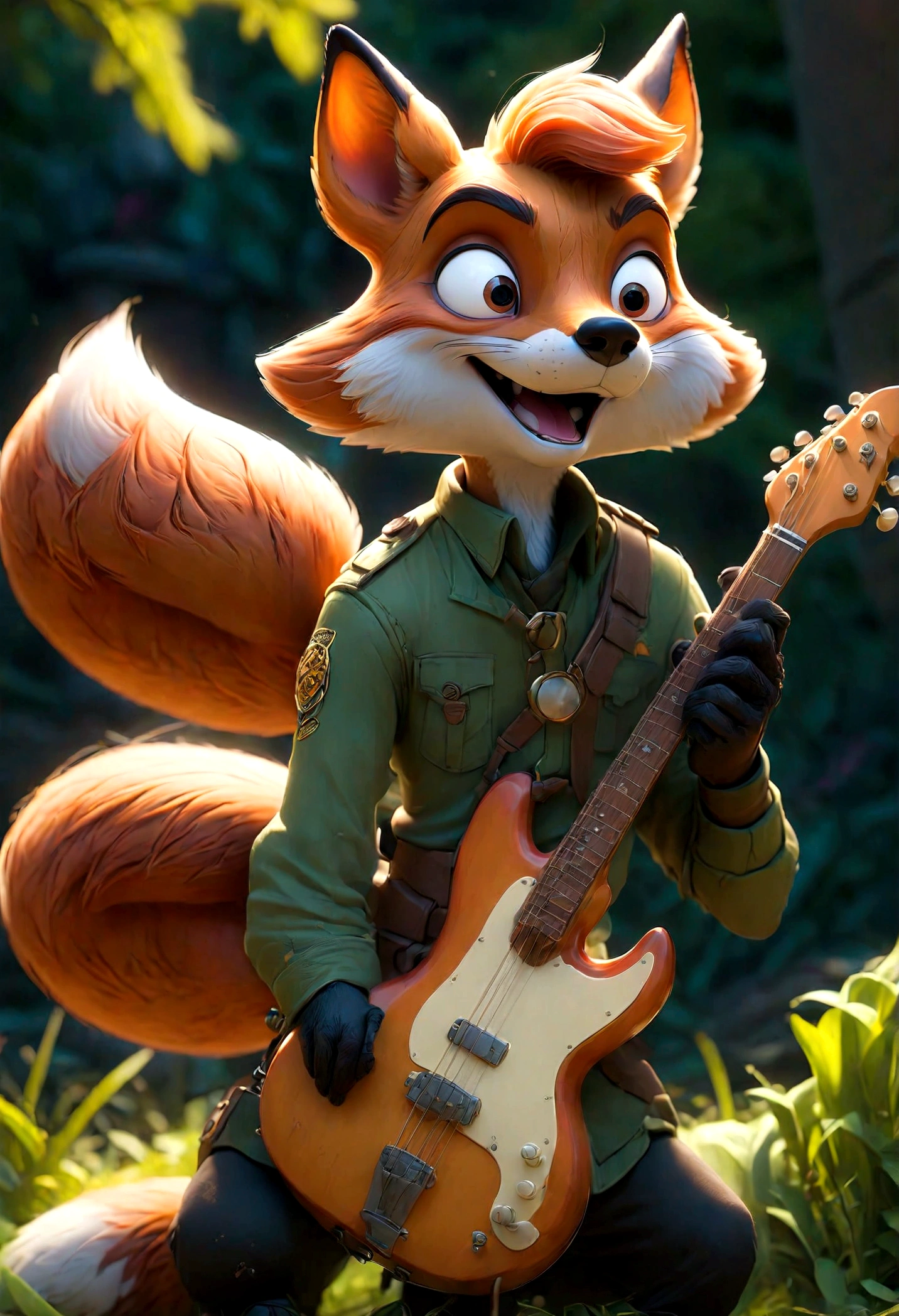 a fox Guitarist, "Zootopia", dramatic composition, cinematic dynamic action scene, vibrant colors, cinematic lighting, dramatic lighting, best quality, masterpiece, very aesthetic, perfect composition, intricate details, ultra-detailed