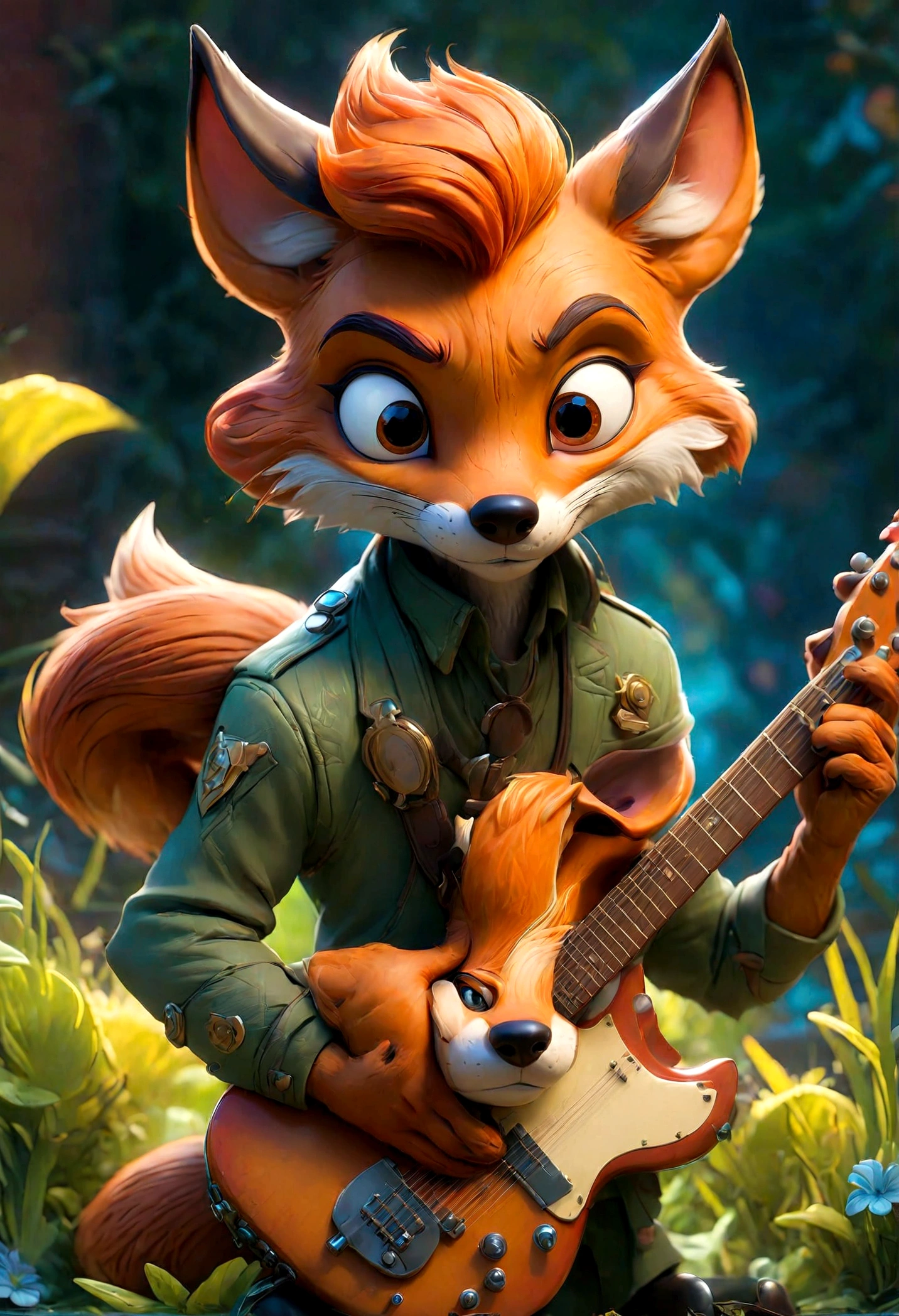 a fox Guitarist, "Zootopia", dramatic composition, cinematic dynamic action scene, vibrant colors, cinematic lighting, dramatic lighting, best quality, masterpiece, very aesthetic, perfect composition, intricate details, ultra-detailed