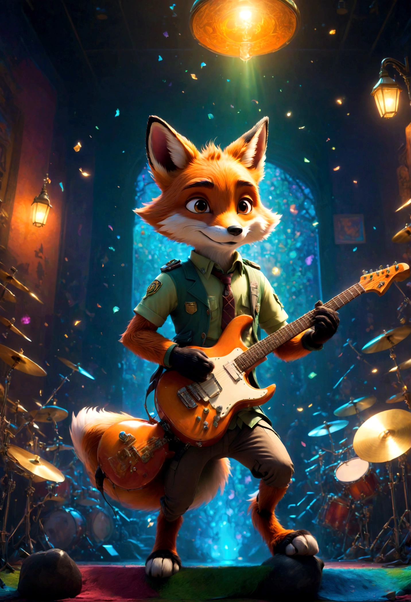 a fox Guitarist, "Zootopia", dramatic composition, cinematic dynamic action scene, vibrant colors, cinematic lighting, dramatic lighting, best quality, masterpiece, very aesthetic, perfect composition, intricate details, ultra-detailed