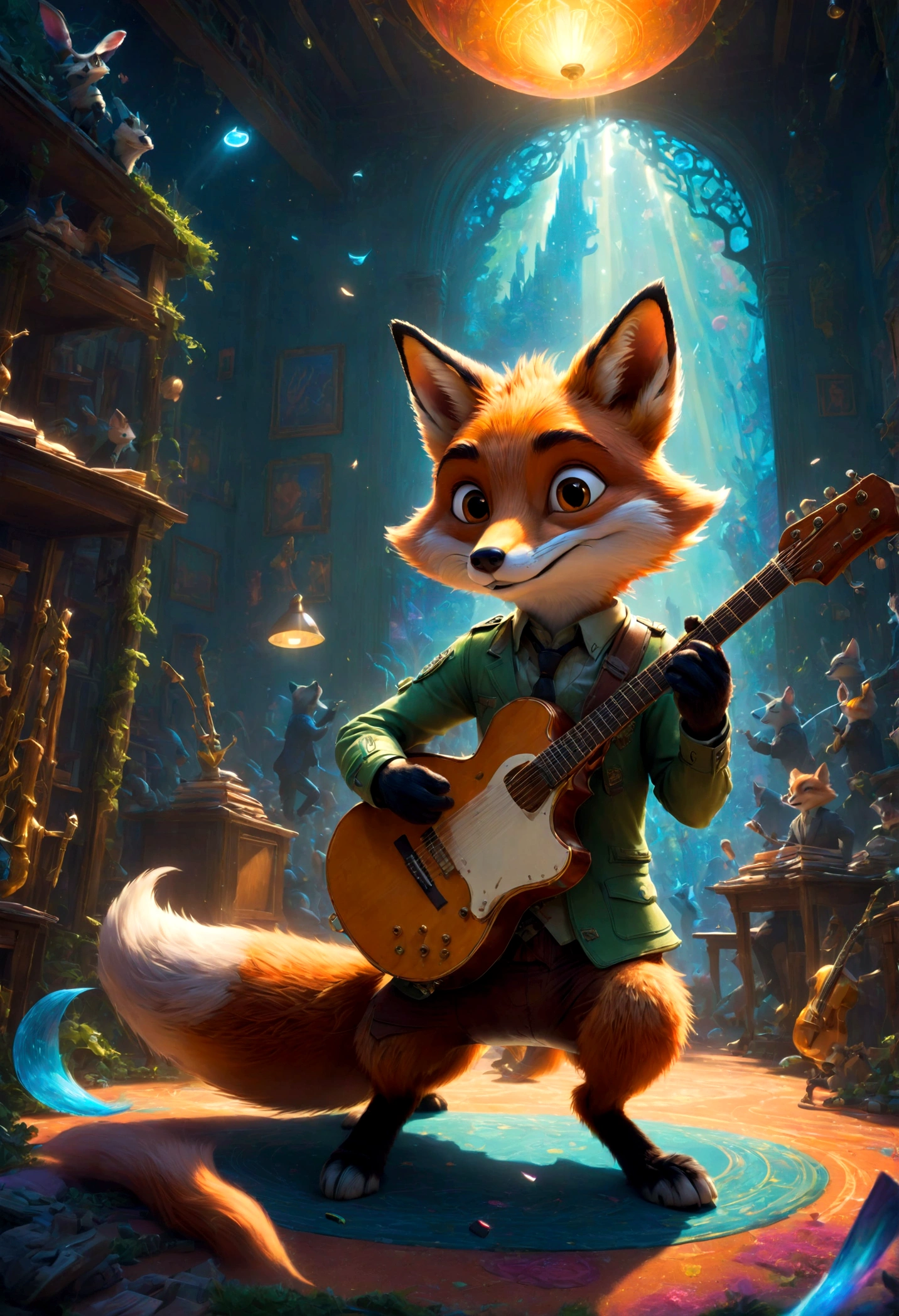 a fox Guitarist, "Zootopia", dramatic composition, cinematic dynamic action scene, vibrant colors, cinematic lighting, dramatic lighting, best quality, masterpiece, very aesthetic, perfect composition, intricate details, ultra-detailed