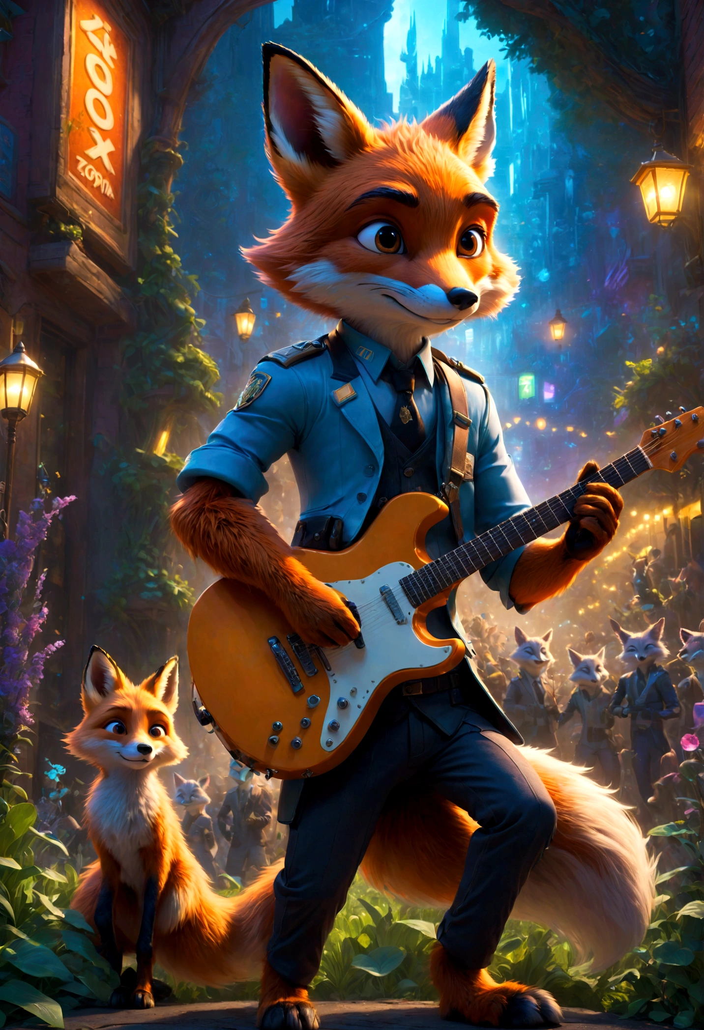 a fox Guitarist, "Zootopia", dramatic composition, cinematic dynamic action scene, vibrant colors, cinematic lighting, dramatic lighting, best quality, masterpiece, very aesthetic, perfect composition, intricate details, ultra-detailed