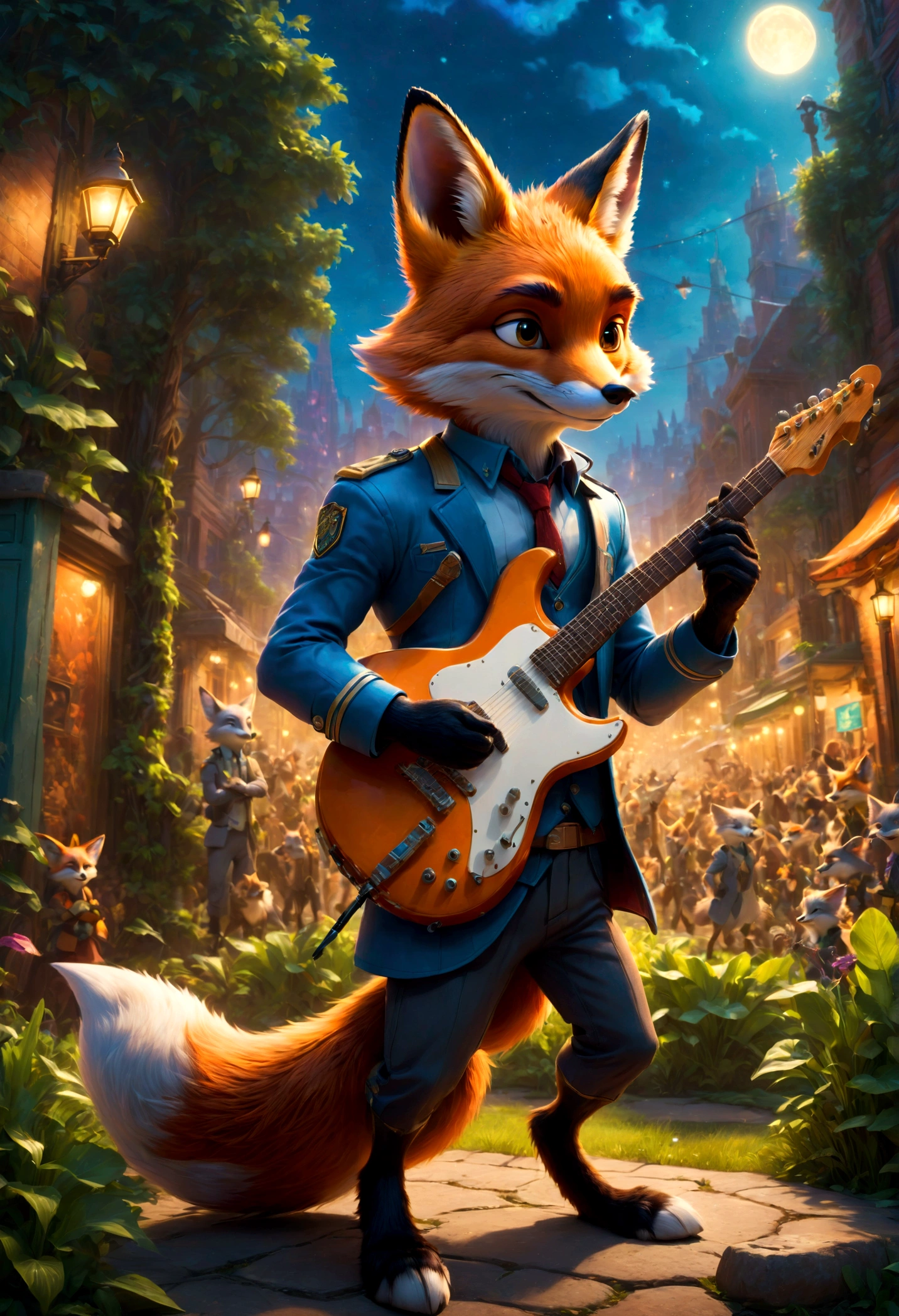 a fox Guitarist, "Zootopia", dramatic composition, cinematic dynamic action scene, vibrant colors, cinematic lighting, dramatic lighting, best quality, masterpiece, very aesthetic, perfect composition, intricate details, ultra-detailed