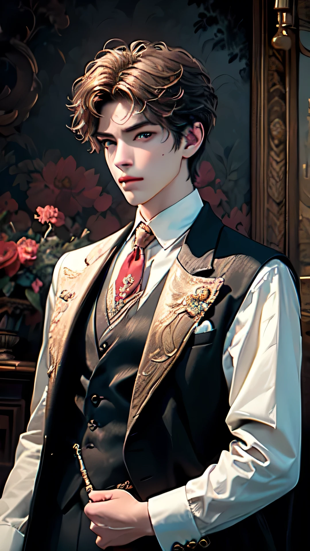 artstudt, (official art, extremely detailed CG unity 8k wallpaper),(1boy:1.3),beautifully detailed eyes, detailed fine nose, detailed fingers, (8k), (best quality), ( masterpiece:1.2), (realistic), ( photorealistic:1.37), extremely detailed, very detailed
1 prince, handsome, rococo style, vest, tie, gold and red color, flowers, suits, ghile 