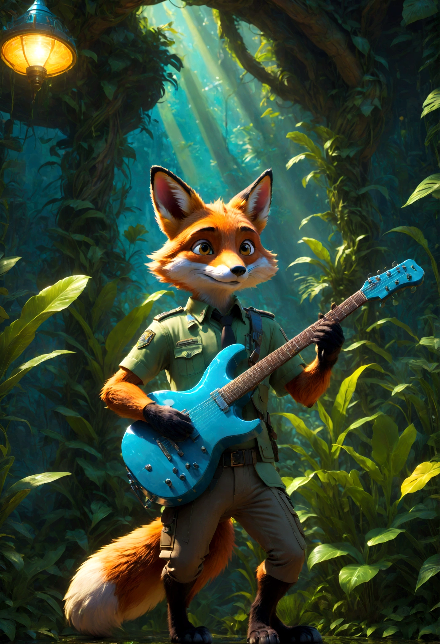 a fox Guitarist, "Zootopia", dramatic composition, cinematic dynamic action scene, vibrant colors, cinematic lighting, dramatic lighting, best quality, masterpiece, very aesthetic, perfect composition, intricate details, ultra-detailed