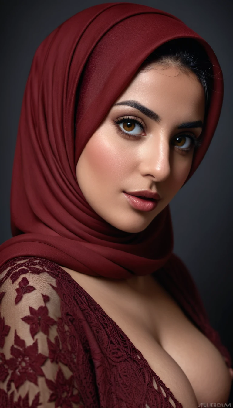 a breathtakingly beautiful Muslim woman from Lebanon, wearing a dark red hijab, naked, cleavage, big buttock, perfect symmetric eyes, hyper realistic skin texture,  realistic, award-winning photograph, rim ambient lighting, 8k, dslr, soft lighting, high quality, film grain, Fujifilm XT3