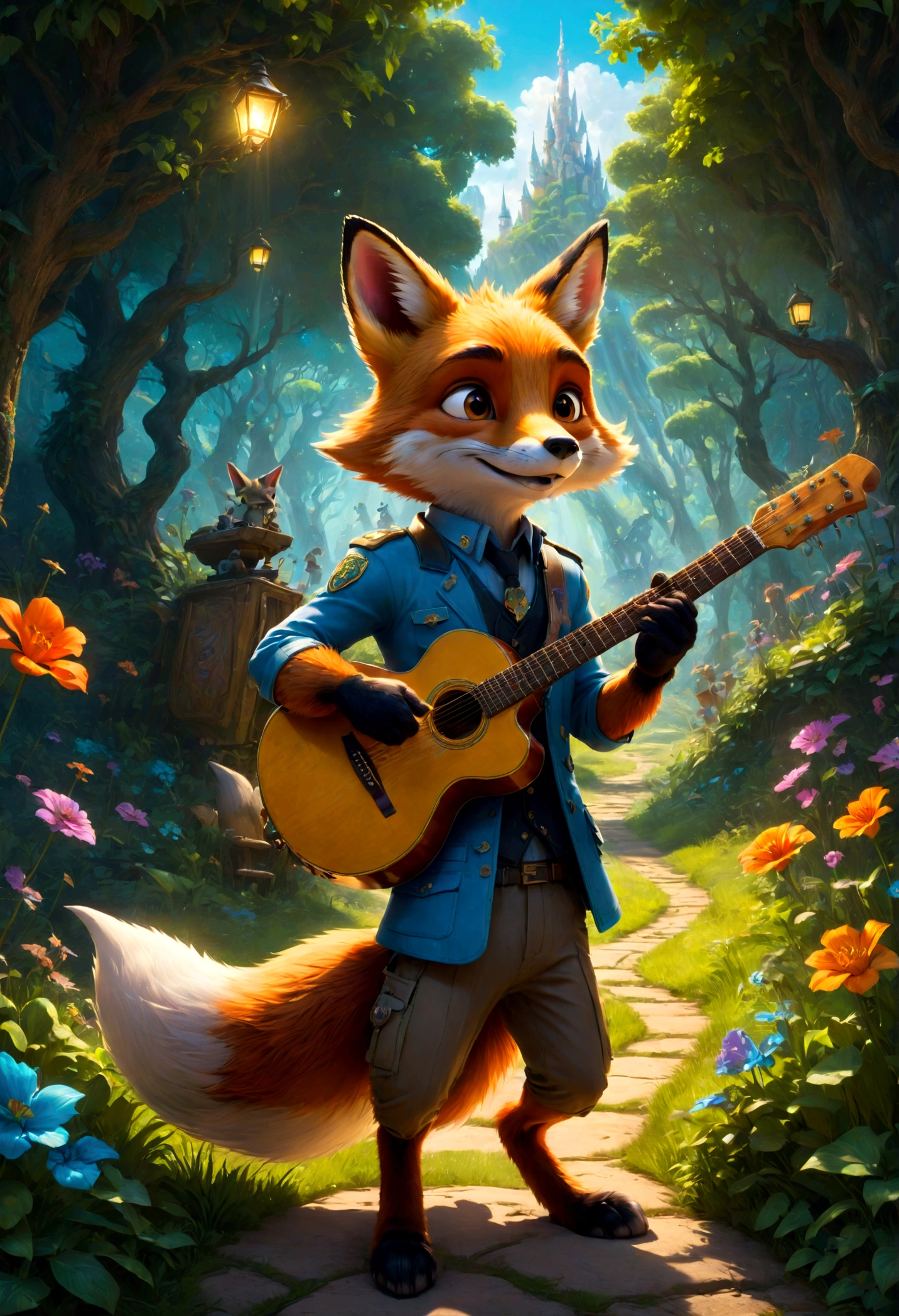 a fox Guitarist, "Zootopia", dramatic composition, cinematic dynamic action scene, vibrant colors, cinematic lighting, dramatic lighting, best quality, masterpiece, very aesthetic, perfect composition, intricate details, ultra-detailed