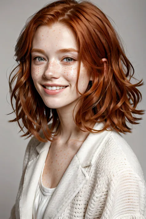 1woman, solo, redhead, shaggy hair, smiling, beautiful, freckles, portrait photo, focus on face, professional photo, white cloth...