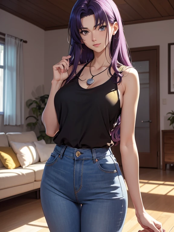 1woman, attire: transparent tank top, (((yellow top))), (((mini jeans shorts))), blue eyes, purple hair, medium hair, make up, necklace, tall, slim body, MisatoKatsuragi (NGE), (((MisatoKatsuragi))), indoors, living room, (((front view))), looking at viewer, nice thighs, perfectly detailed face, perfectly detailed hands and fingers, masterpiece 1.1, trending on artstation, pixiv quality, , intricately detailed, ultra graphics, nsfw version, (((milf 1.1))),