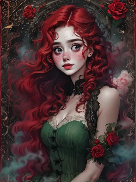 （best quality，masterpiece：1.2，details，4k），（girl, voluminous red hair，big eyes，small freckles，have），rose，goethe，vaporwave，transpi...