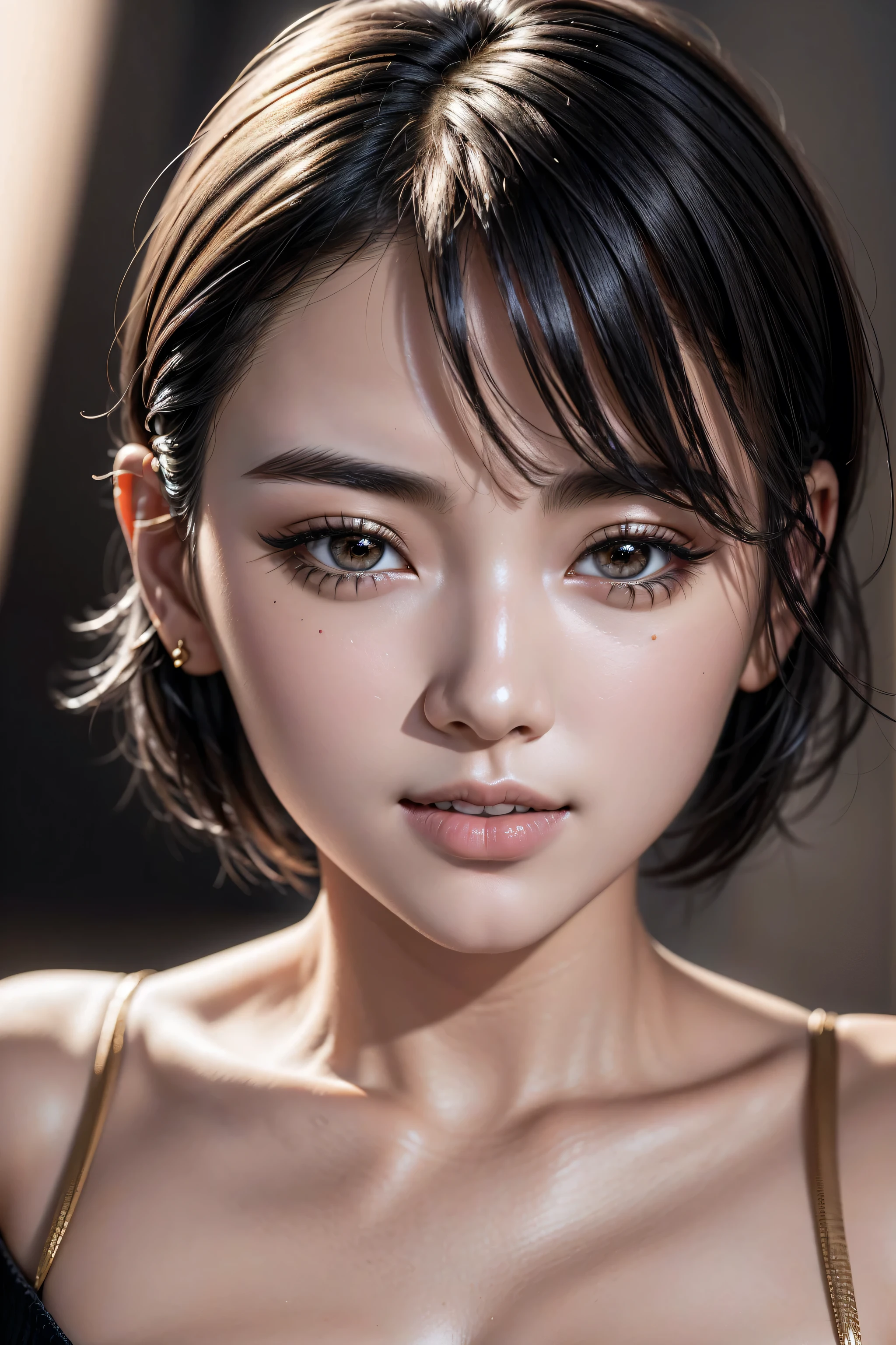 Best Quality, Ultra High Definition, (Photorealistic:1.4),Sunset Light, Ponytail, Korean Women, Detailed Photo, Smiling, Sexy, Black Shirt, Facing Camera, Close-up (Masterpiece: 1.3), (8K, Photorealistic, Best Quality: 1.4), (1girl), Beautiful Face, (Realistic Face), (Black Hair, Short Hair: 1.3), Beautiful Hairstyle, Realistic eyes, beautiful detail eyes, (realistic skin), beautiful skin, (sweater), absurd, attractive, ultra high resolution, ultra realistic, high definition, golden ratio