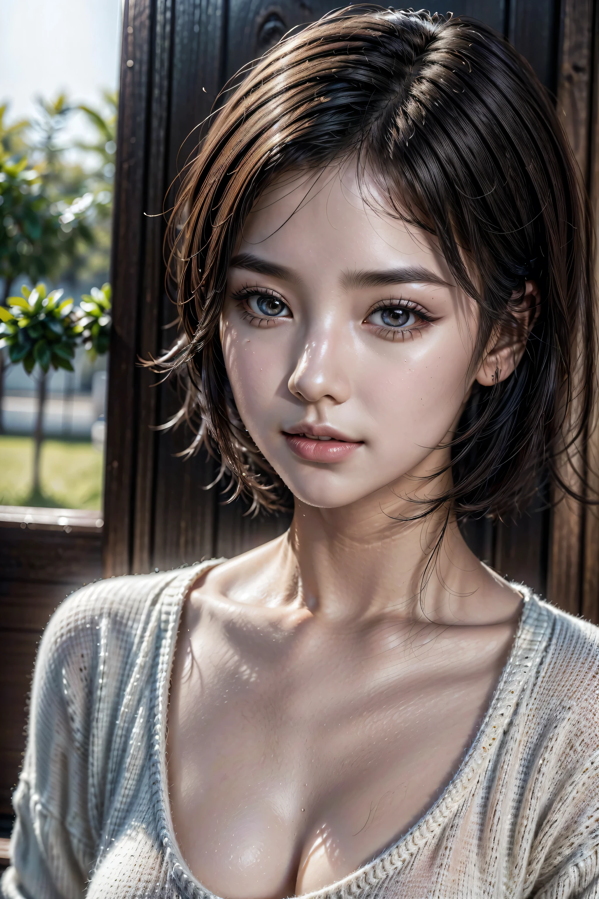 Best Quality, Ultra High Definition, (Photorealistic:1.4),Sunset Light, Ponytail, Korean Women, Detailed Photo, Smiling, Sexy, Black Shirt, Facing Camera, Close-up (Masterpiece: 1.3), (8K, Photorealistic, Best Quality: 1.4), (1girl), Beautiful Face, (Realistic Face), (Black Hair, Short Hair: 1.3), Beautiful Hairstyle, Realistic eyes, beautiful detail eyes, (realistic skin), beautiful skin, (sweater), absurd, attractive, ultra high resolution, ultra realistic, high definition, golden ratio